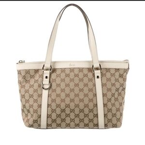 Gucci Monogram Tote GG Abbey Cream Leather Canvas Medium Bag Purse Gift EUC Chic